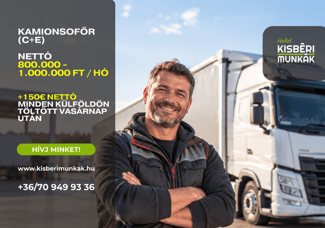 Kisbéri Munkák - Kamionsofőr (C+E) állás Nagyigmándon! Nemzetközi fuvarozás, nettó 800.000–1.100.000 Ft/hó + 150 € vasárnapi bónusz. Új kamionok, rugalmas munkarend.